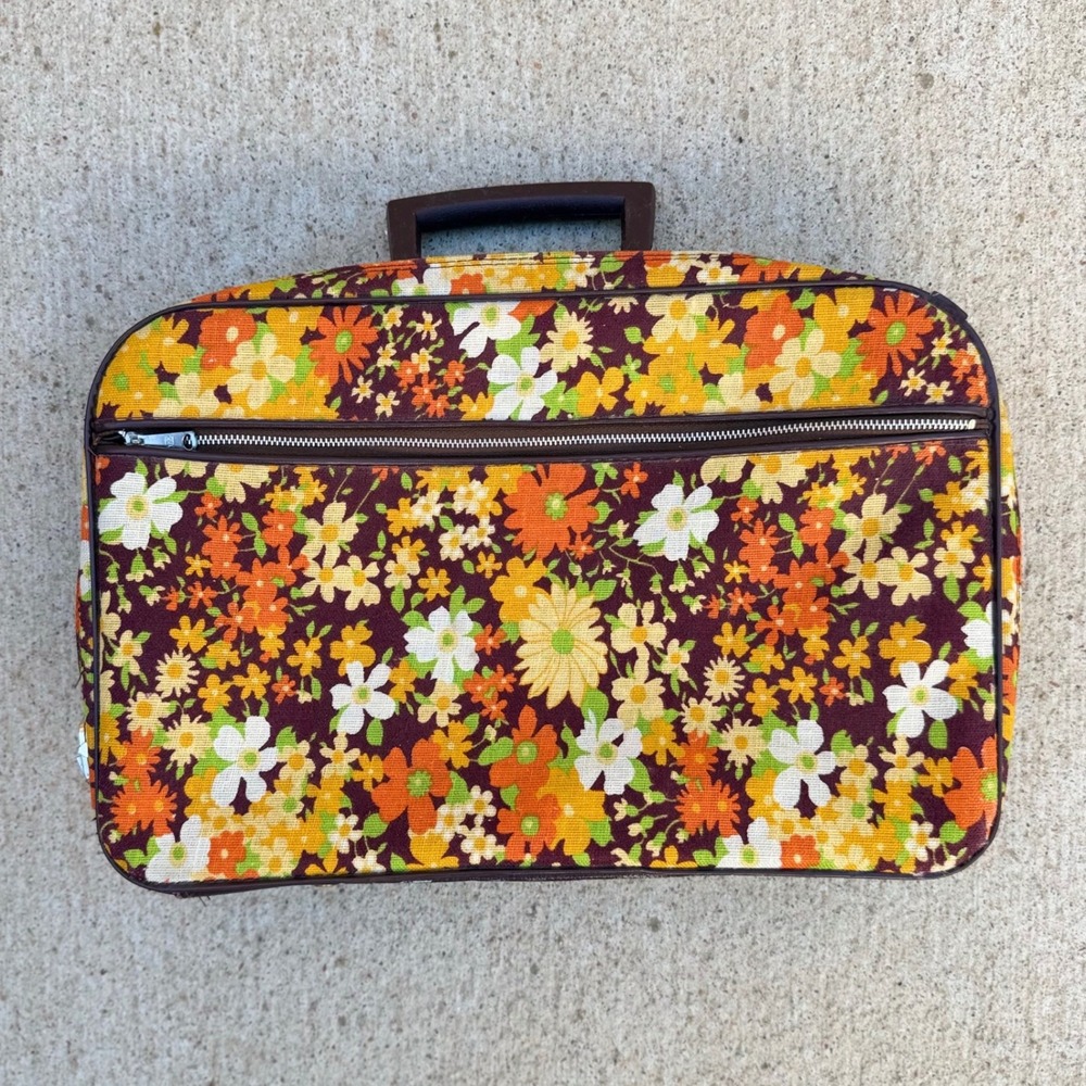 Vintage 70s Floral Tapestry Suitcase Made in Japan Retro Luggage